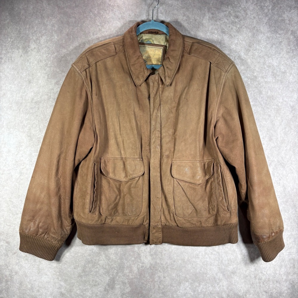 Vintage G-III Leather Jacket Mens Large Brown Bomber Flight Map Lining STAINED